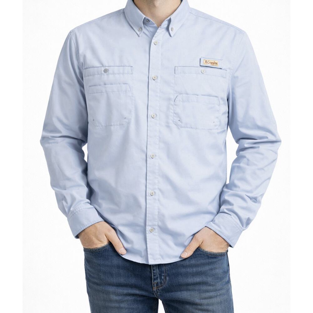 Columbia PFG Light Blue Long Sleeve Fishing Shirt Large Polyester Button-Down